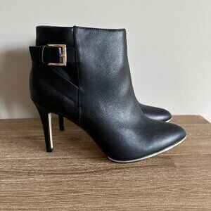 High Heel Ankle Booties Womens Size 8 Faux Leather Gold Buckle Pointy Toe